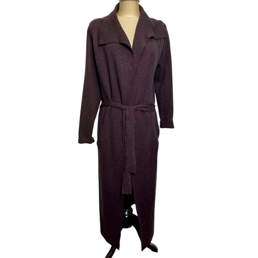 Maxsport Long Cardigan Sweater Duster Dark Plum Brown Open Front Minimalist S